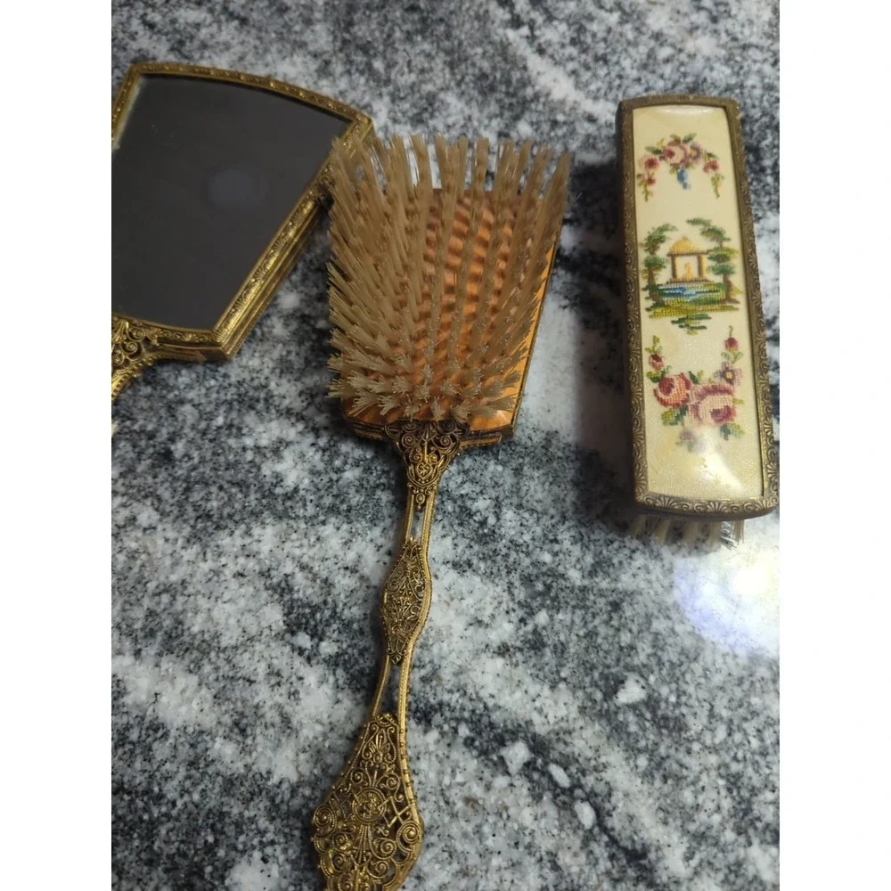 Vintage Floral Tapestry Back Gold Filigree Mirror & 2 Brush Vanity Set